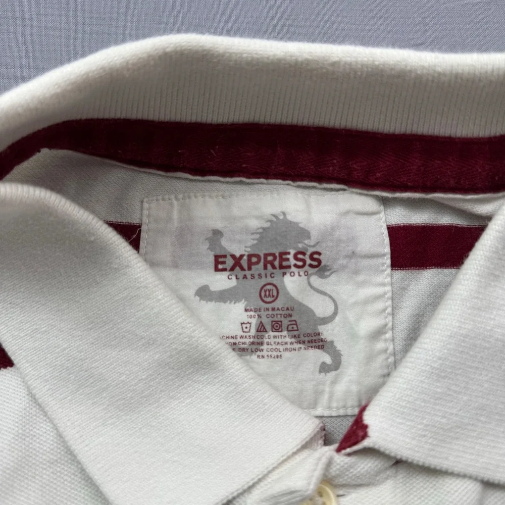 Express Classic Polo Men XXL Cream Burgundy Striped Short Sleeve Lion Logo Shirt